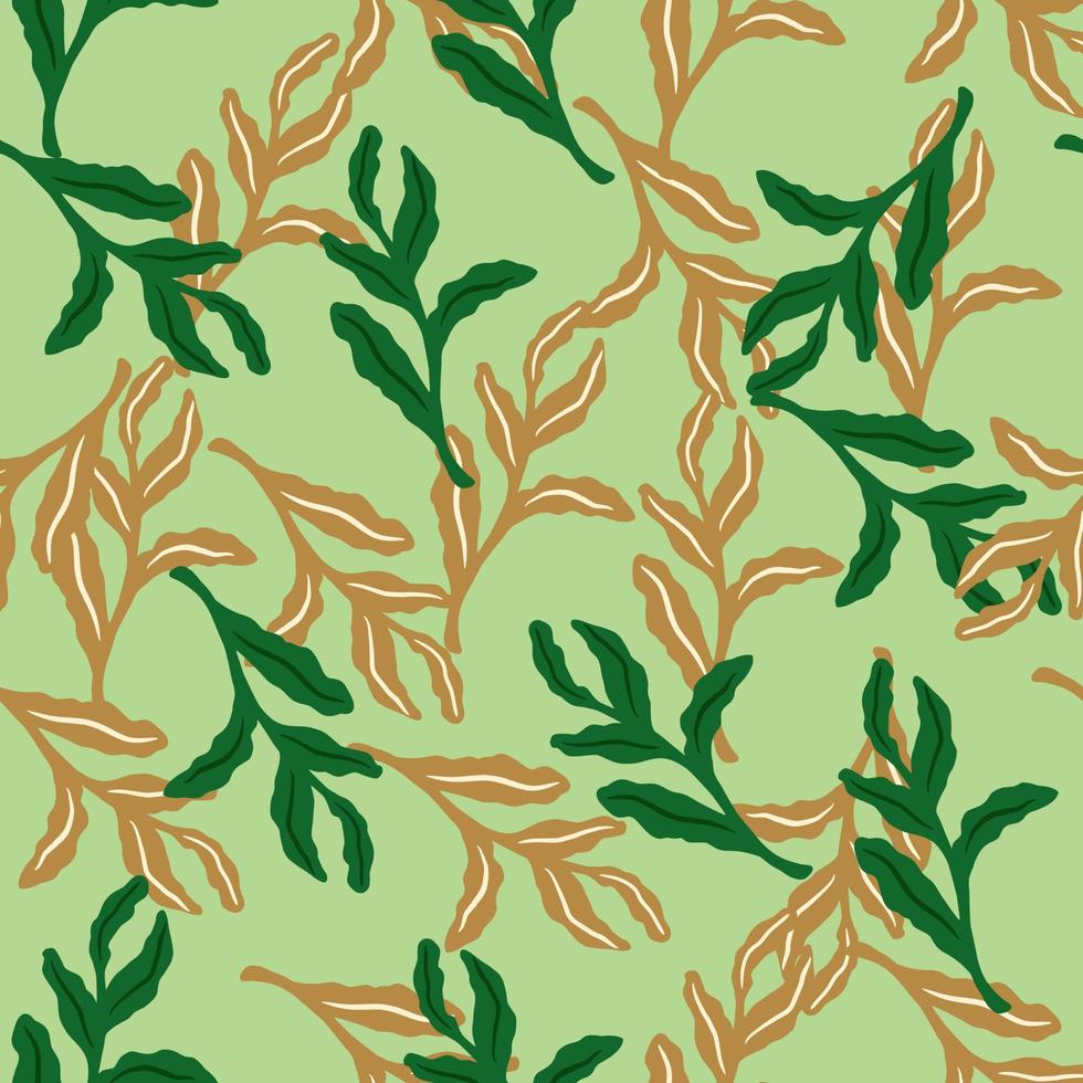 Cartoon forest seamless pattern with beige and bright green leaves branches shapes. Light background. vector