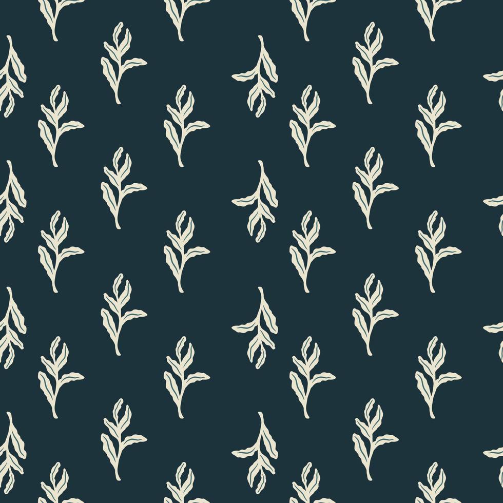 Little white doodle foliage print seamless pattern. Botanic flora backdrop with dark navy blue background. vector