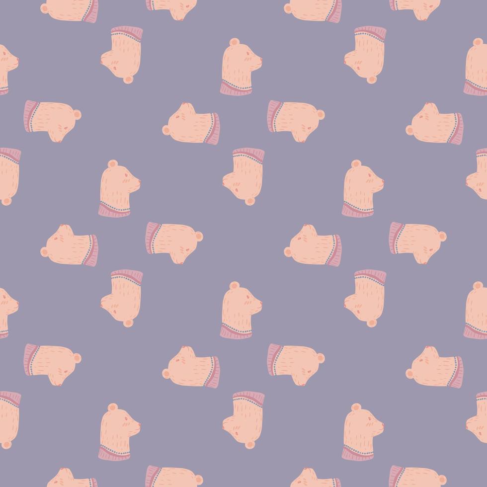 Pastel cute seamless animal pattern with pink bear silhouettes ornament. Light purple background. vector