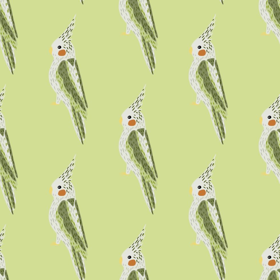Decorative seamless pattern with grey and green cockatoo shapes print. Light green background. vector