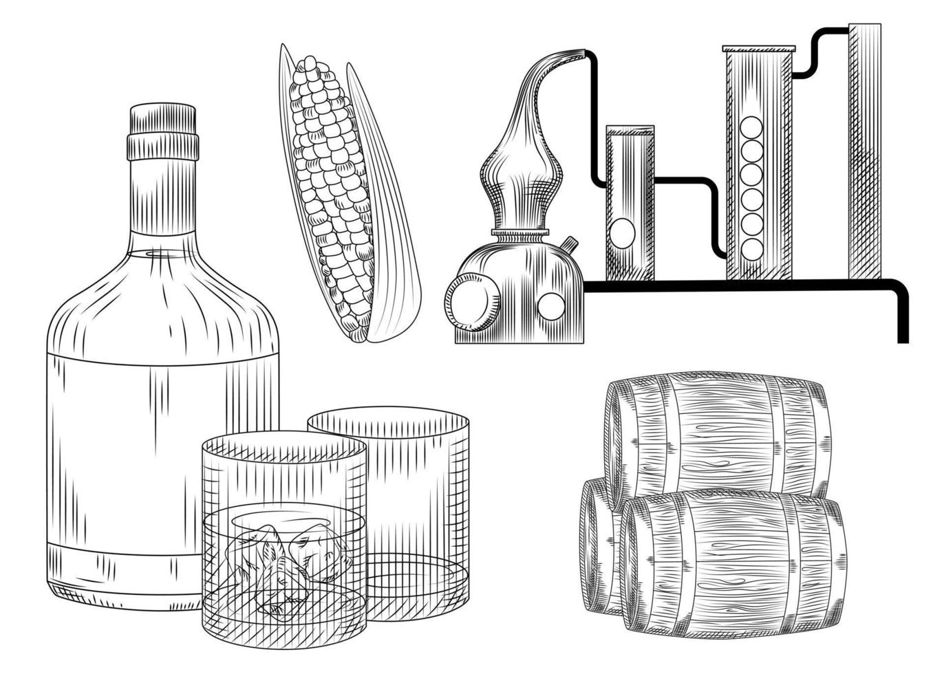 Set of bourbon. Glass and bottle, corn, barrel, alembic, ice. Engraving vintage style. vector