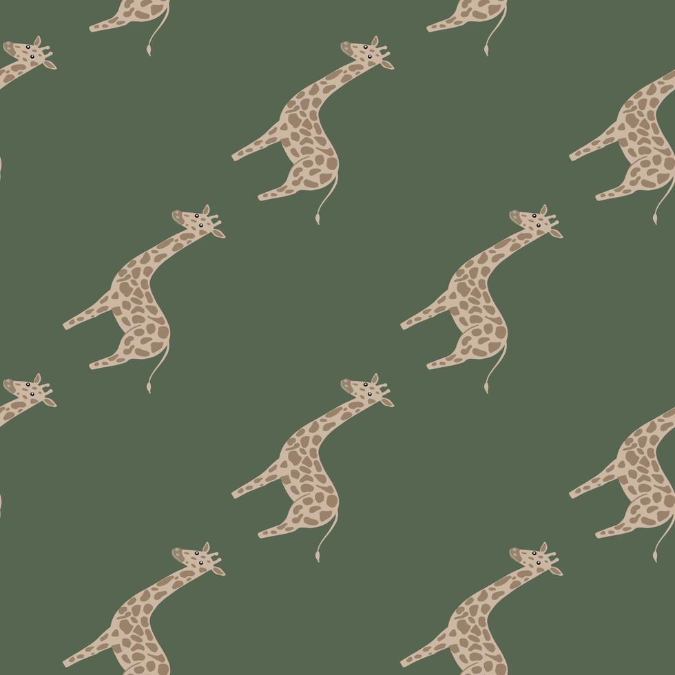 Safari zoo seamless pattern with pale hand drawn giraffe silhouettes. Green background. Nature wildlife print. vector