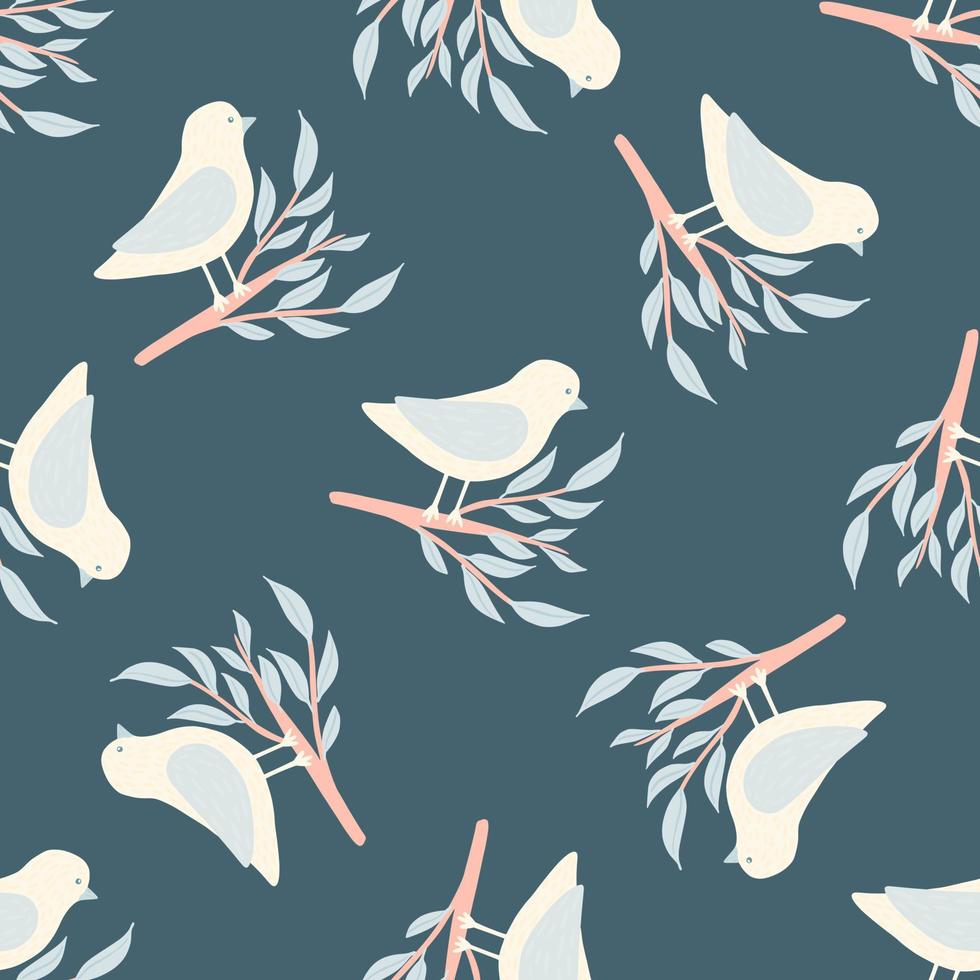 Seamless vintage pattern with white birds ornament on branches shapes. Blue background. vector