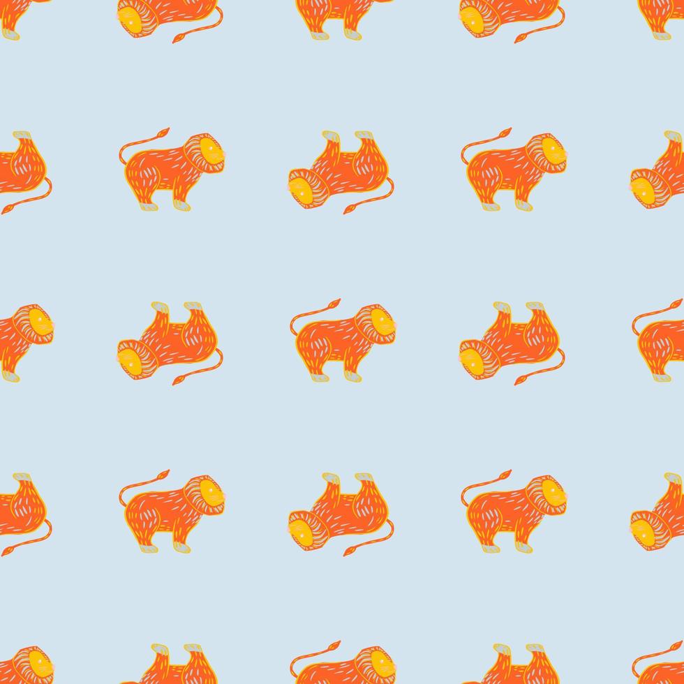Contrast orange bright lion shapes print seamless pattern. Doodle stylistic. Blue light background. vector