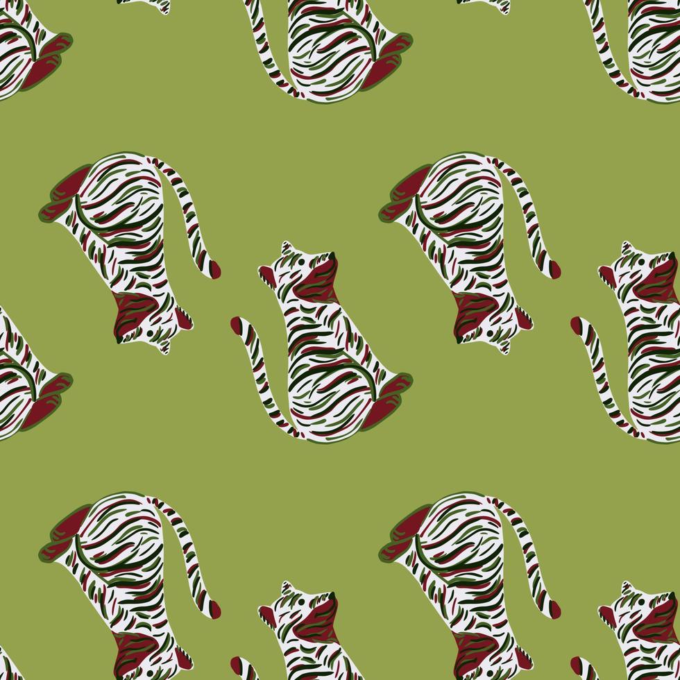 Nature seamless pattern with brown and grey colored tiger silhouettes. Green pastel background. vector