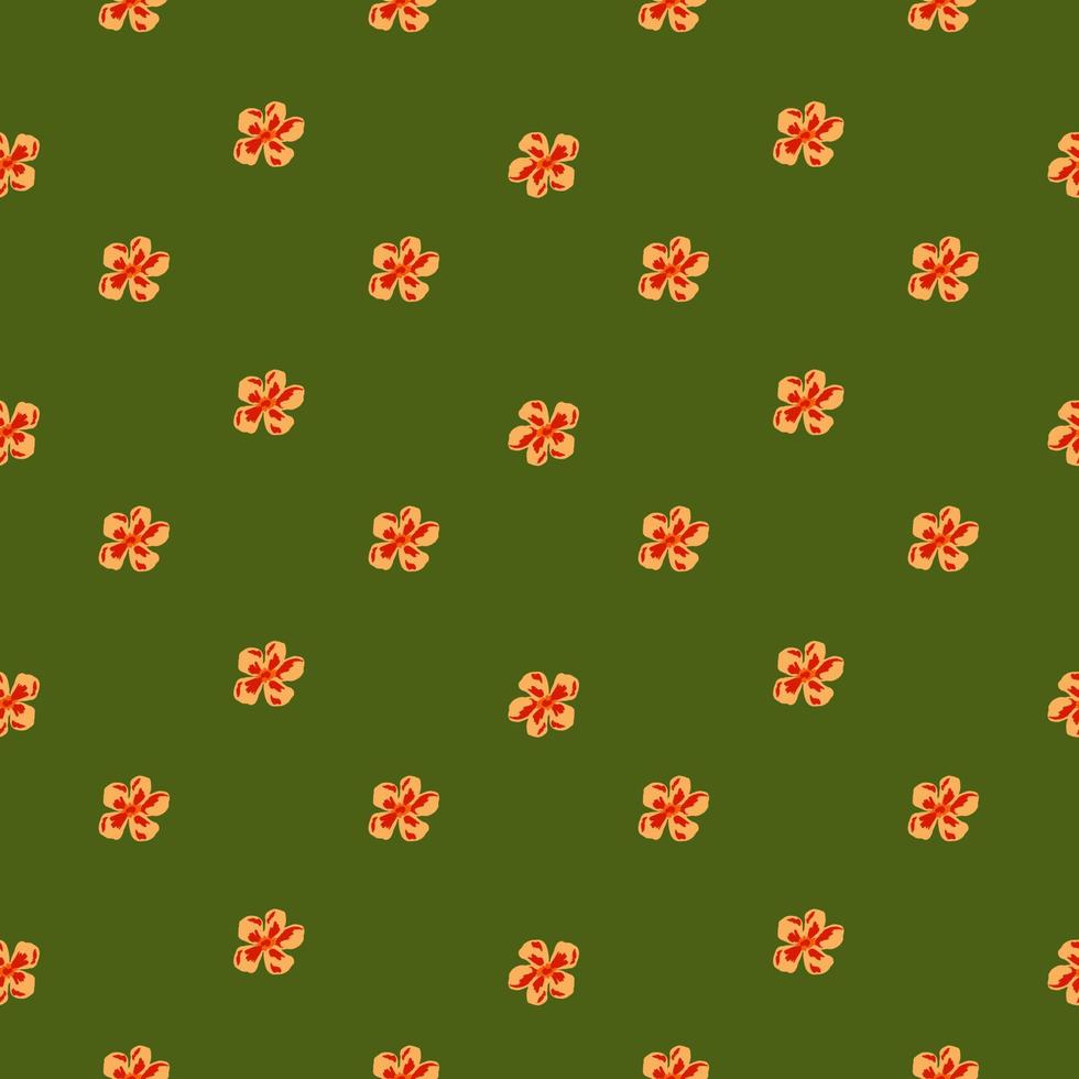 Seamless pattern in abstract style with little orange florwer buds silhouettes on green olive background. vector