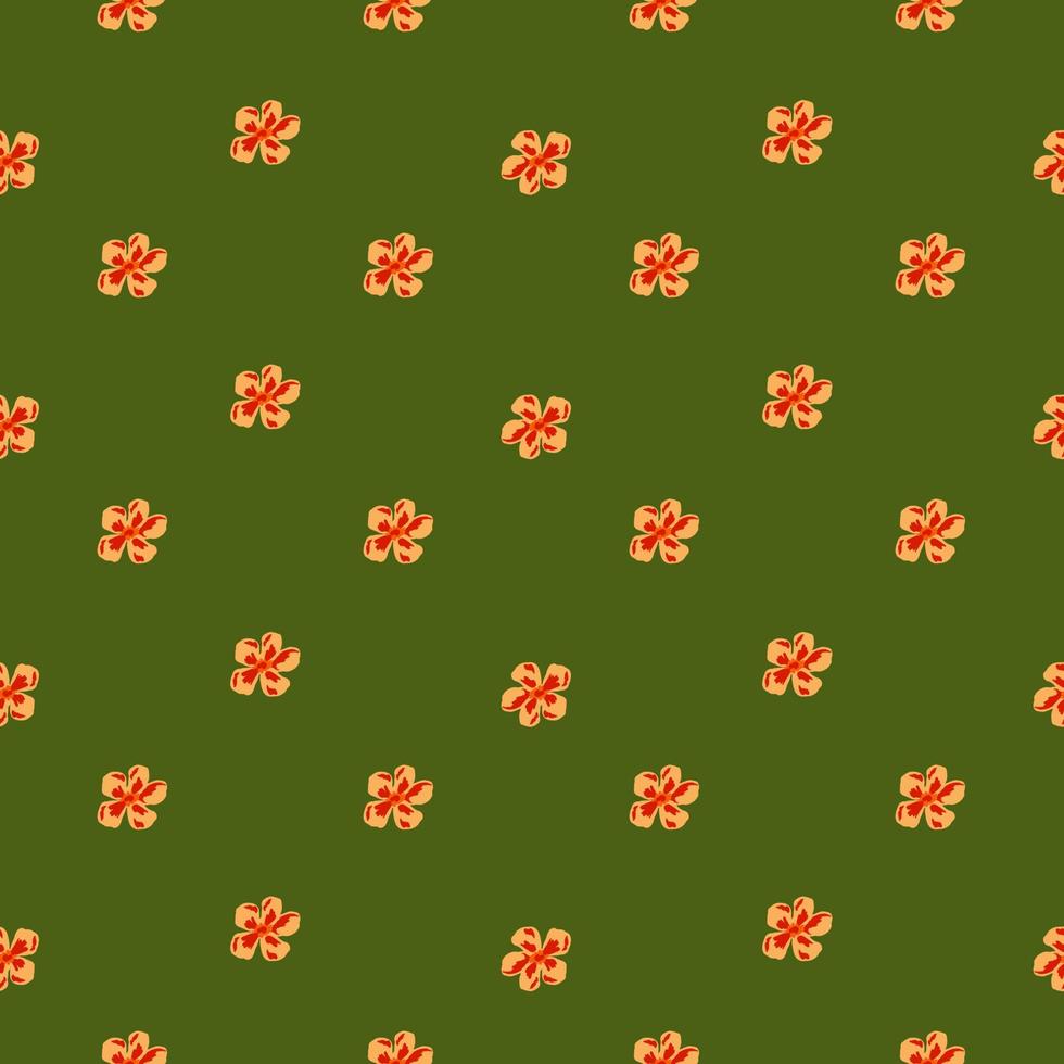 Seamless pattern in abstract style with little orange florwer buds silhouettes on green olive background. vector