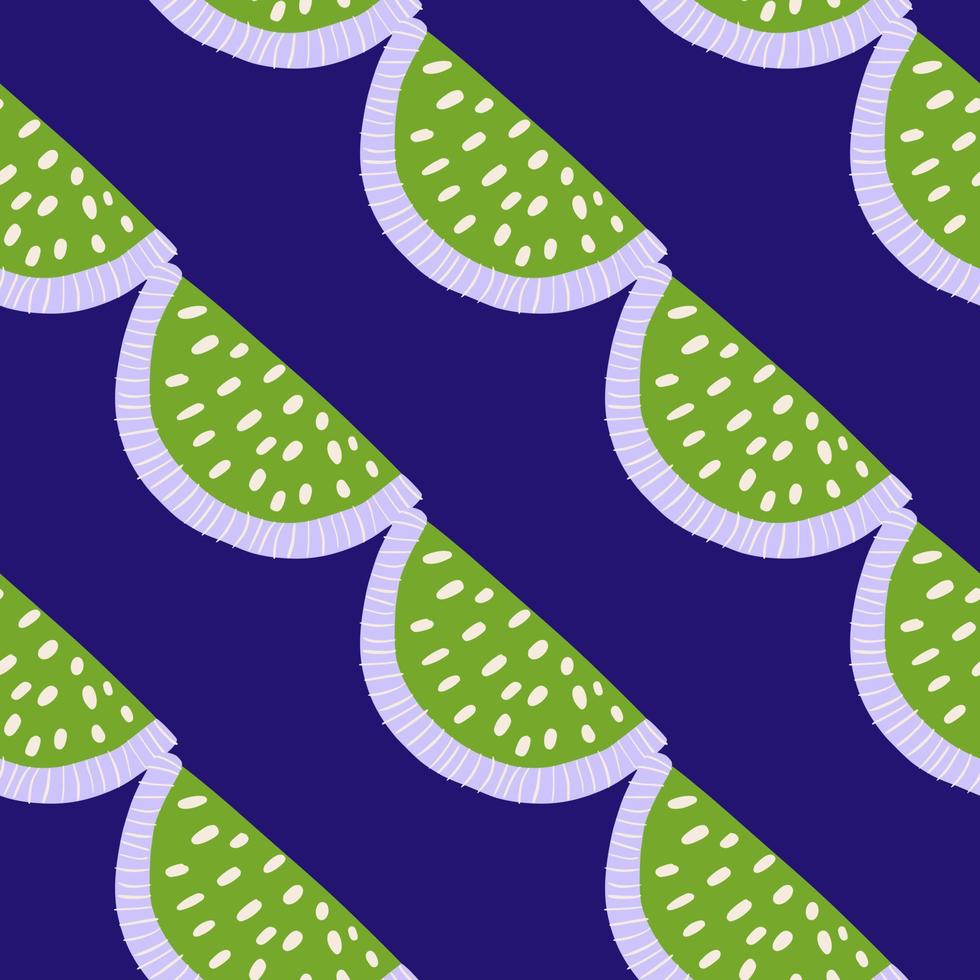 Green diagonal lemon slices elements seamless doodle pattern. Navy blue bright background. Doodle print. vector