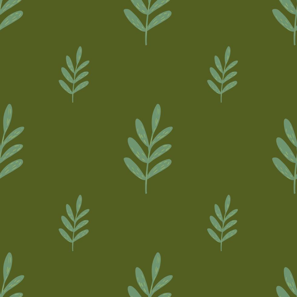 Minimalistic seamless floral pattern with light blue leaves branches ornament. Green background. vector