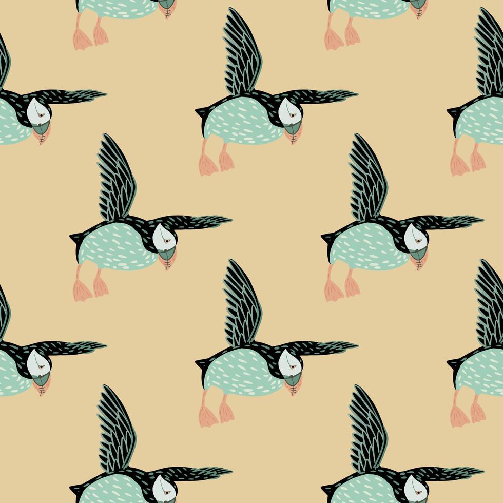 Pastel palette seamless pattern with blue doodle puffin bird print. Beige background. Animal arctic zoo print. vector