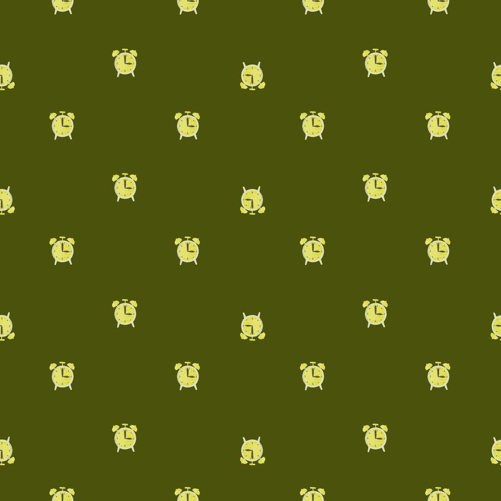 Vintage seamless pattern with little doodle alarm clock ornament. Green olive background. Scrapbook print. vector