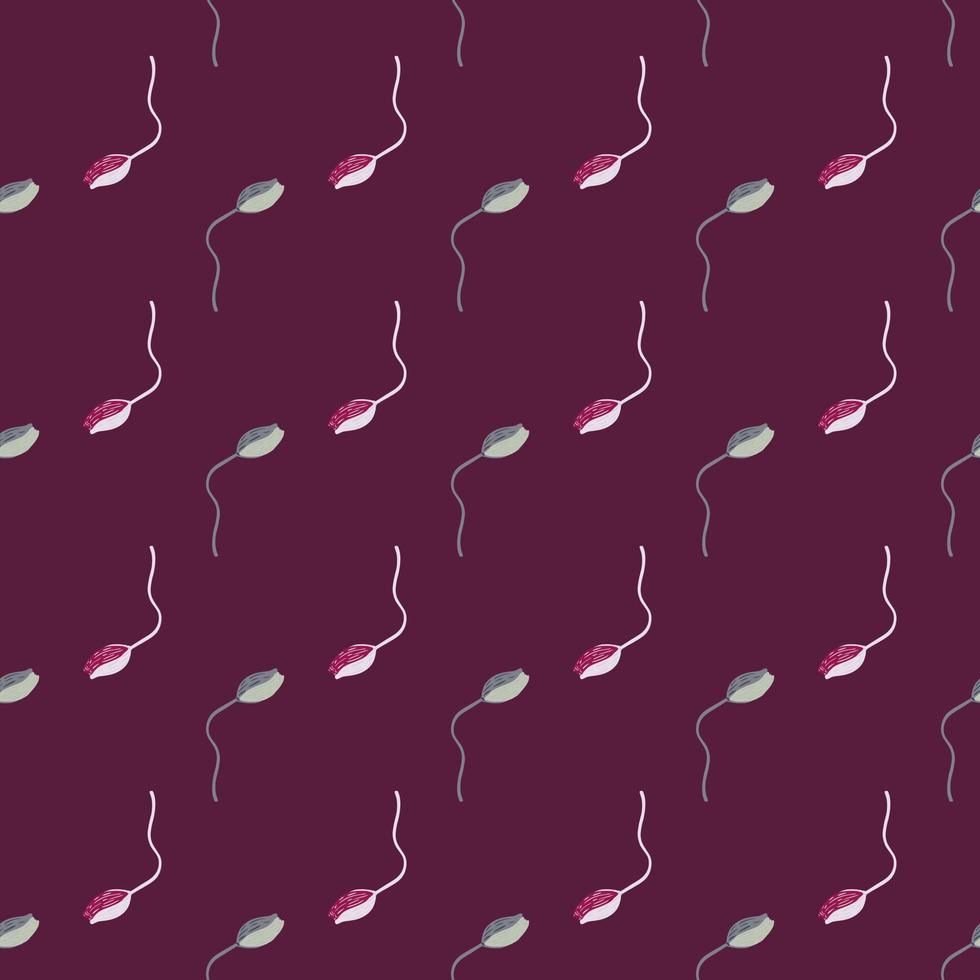 Abstract seamless botanic pattern with little poppy bud silhouettes shapes. Pink dark background. Floral style. vector