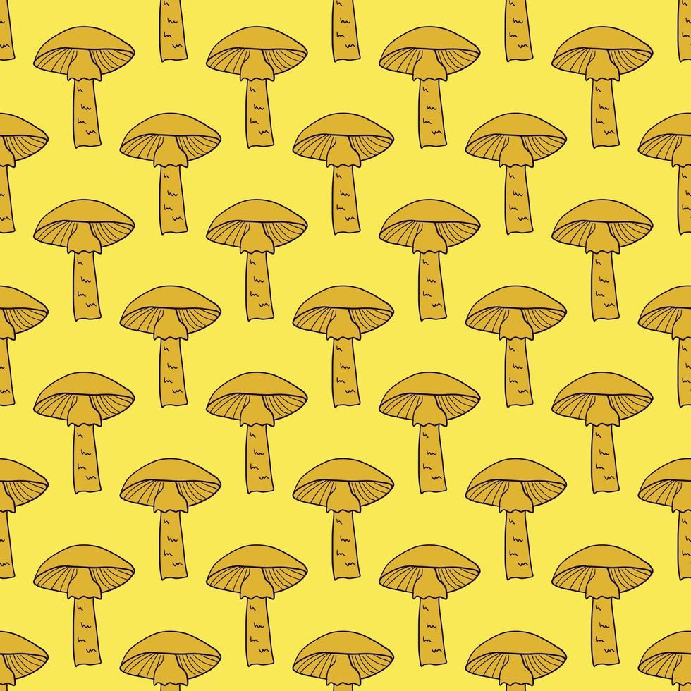 Orange contoured mushroom elements seamless pattern. Yellow bright background. Wild forest food print. vector