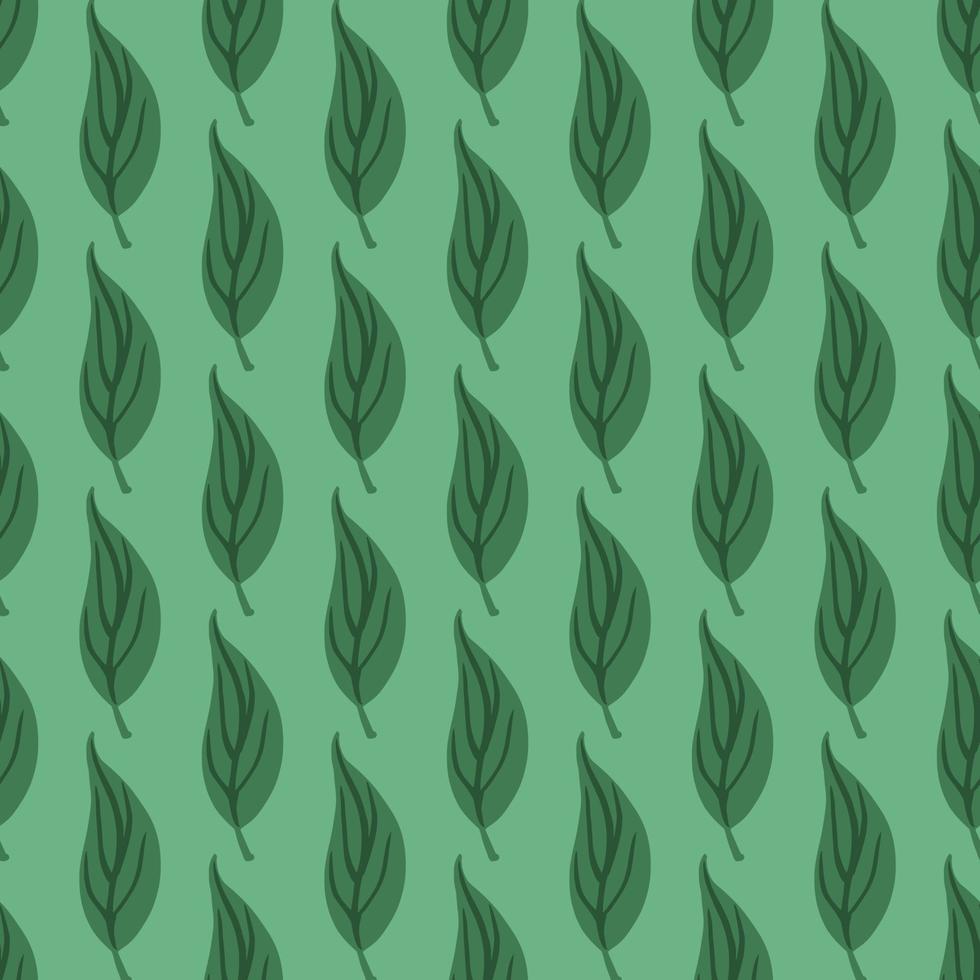Abstract botanic seamless pattern with green simple leaf ornament. Light turquoise background. vector