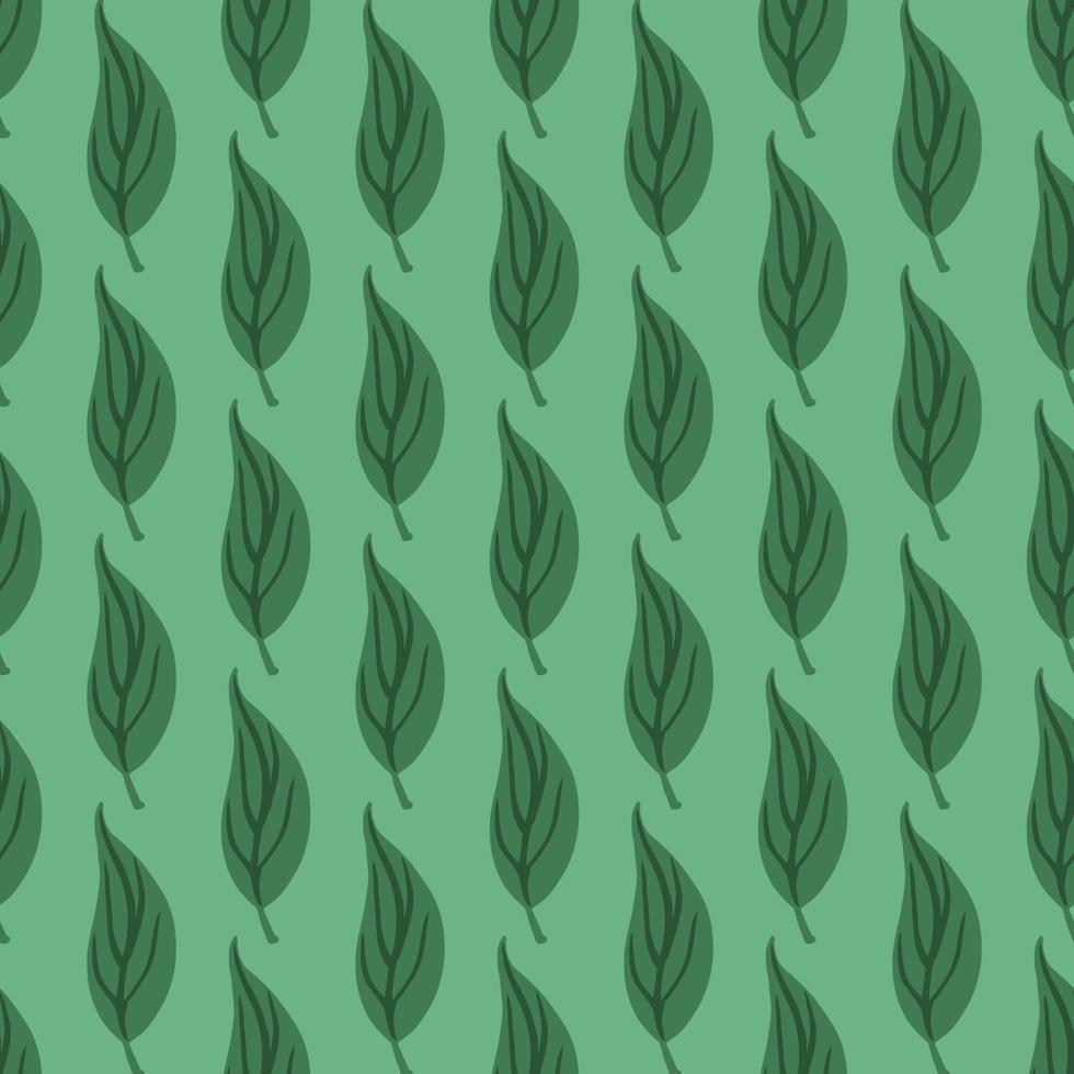 Abstract botanic seamless pattern with green simple leaf ornament. Light turquoise background. vector