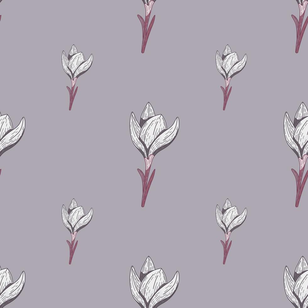 Minimalistic pastel pale tones seamless floral pattern with simple crocus flower shapes. Grey background. vector