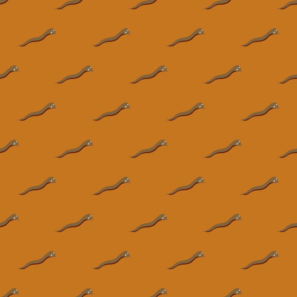 Brown small worms silhouettes seamless doodle pattern in minimalistic style. Orange bright background. vector