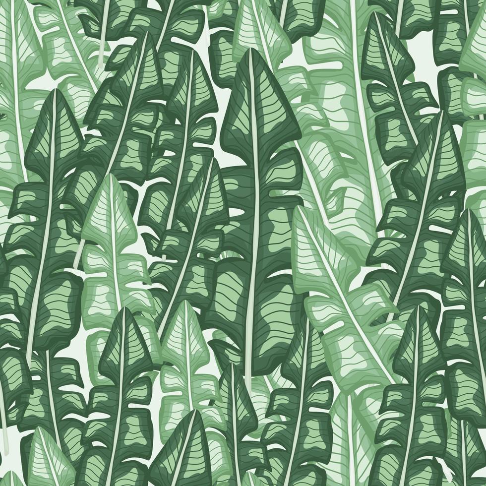 Hand drawn seamless pattern with decorative random banana palm leaves ornament. Green pastel tones. vector