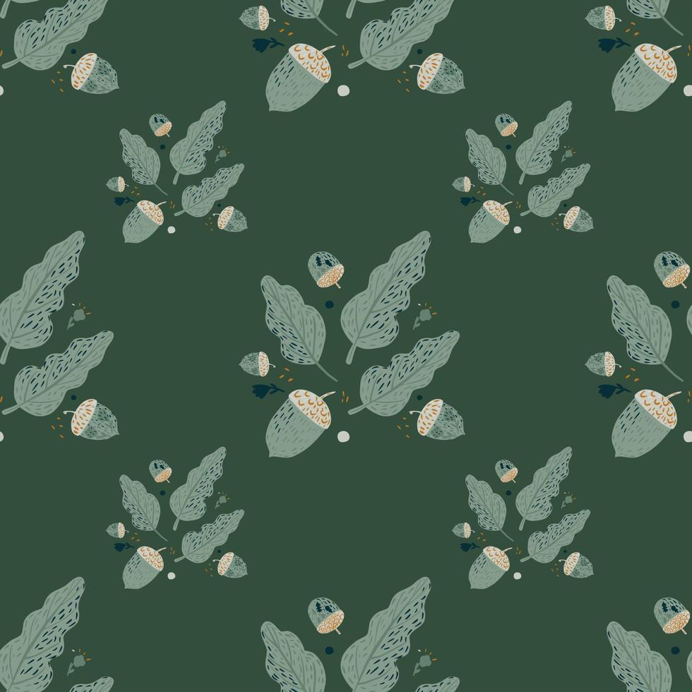 Abstract ornament with pale blue leaf and acorn silhouettes. Green background, Forest foliage backdrop. vector