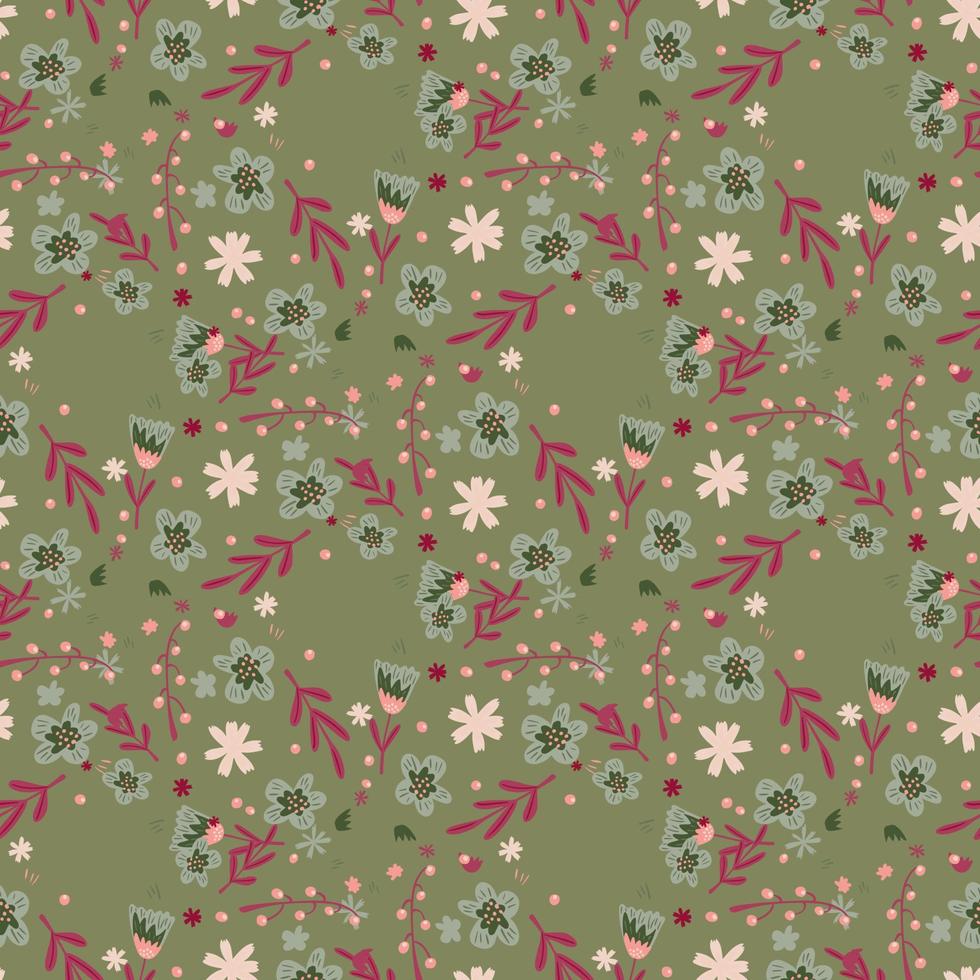 Seamless vintage pattern with flowers and leaf silhouettes print. Green olive pale background. vector