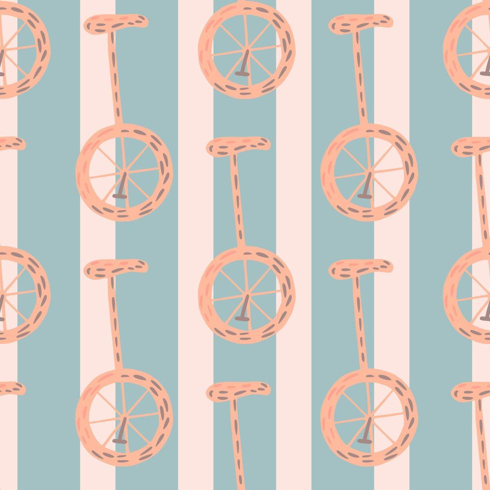 Transport seamless funny pattern with pink colored bicycle ornament. Blue striped background. Doodle design. vector