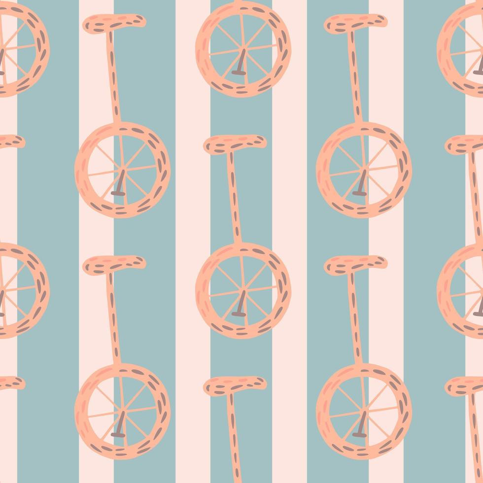 Transport seamless funny pattern with pink colored bicycle ornament. Blue striped background. Doodle design. vector