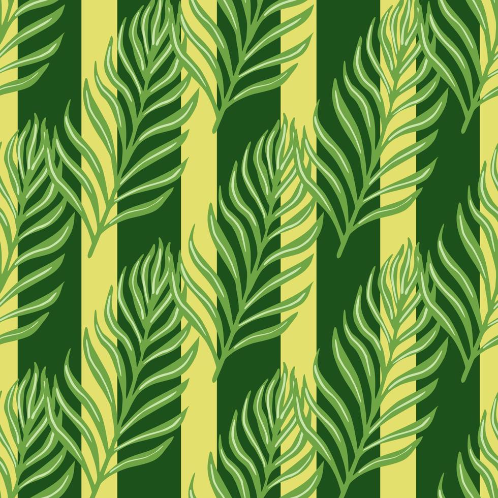 Botany seamless pattern with hand drawn green fern foliage shapes print. Striped green olive background. vector