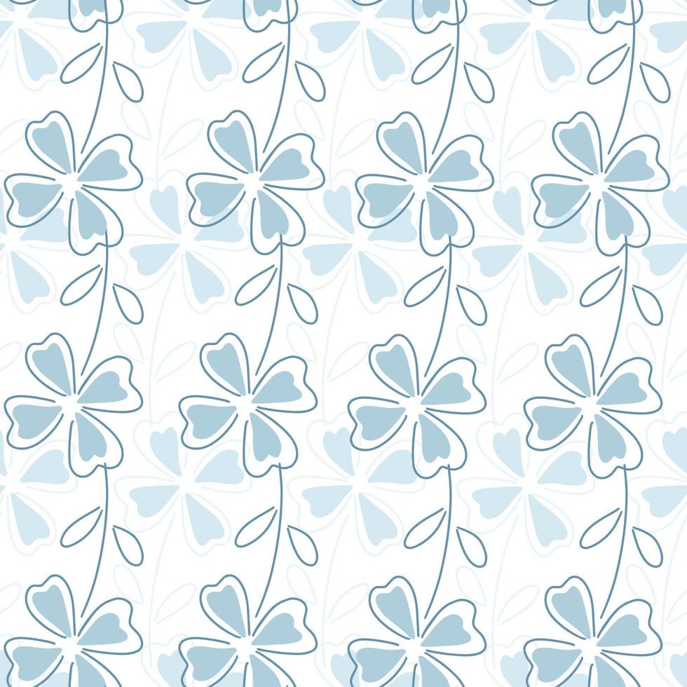 Isolated bloom seamless pattern with blue outline clover leaves shapes. White background. Simple style. vector