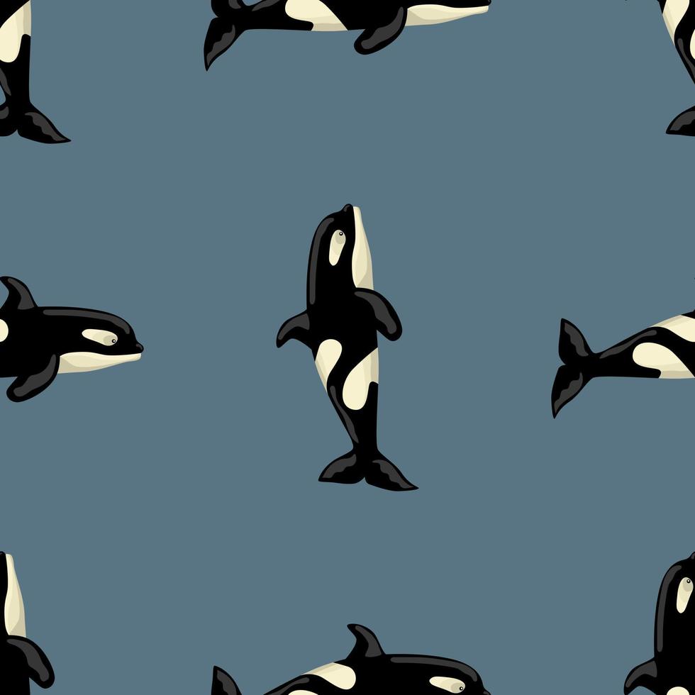 Seamless pattern Orca on dark blue background. Template of cartoon character of ocean for children. vector