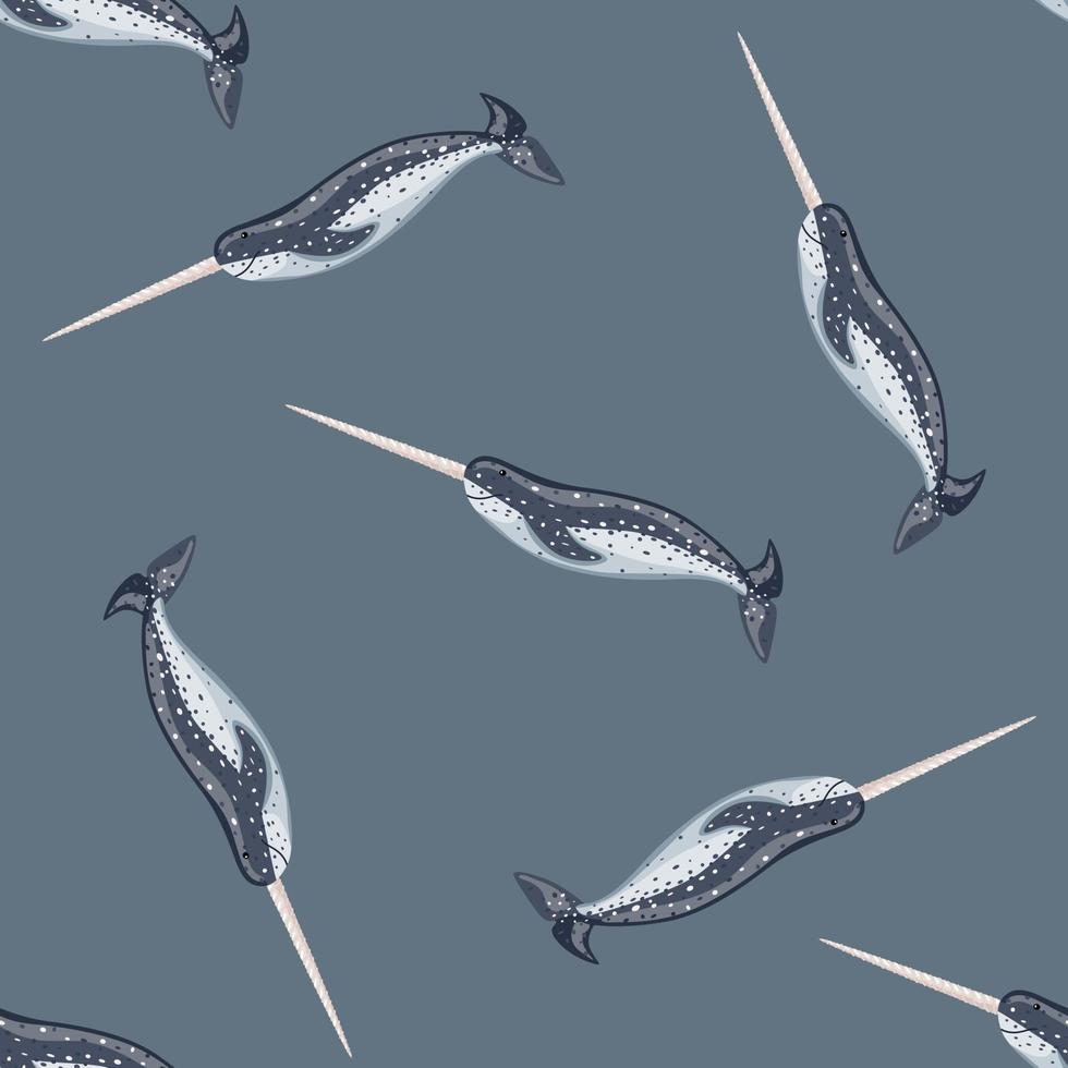 Seamless pattern Narwhal on gray background. Template of cartoon character of ocean for fabric. vector