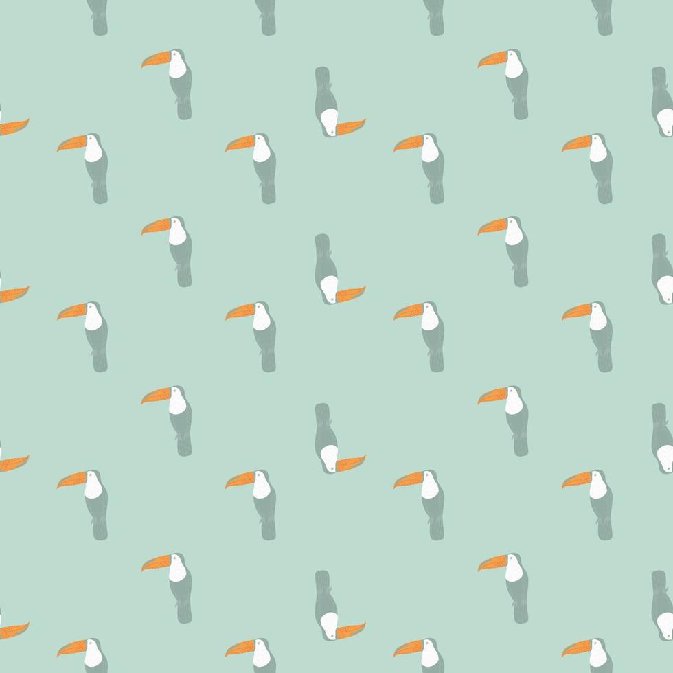 Abstract exotic zoo seamless pattern with little toucan birds ornament. Pastel blue palette animal backdrop. vector