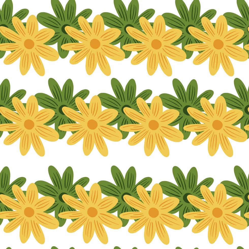 Isolated nature seamless pattern with bright yellow and green daisy flowers ornament. White background. vector