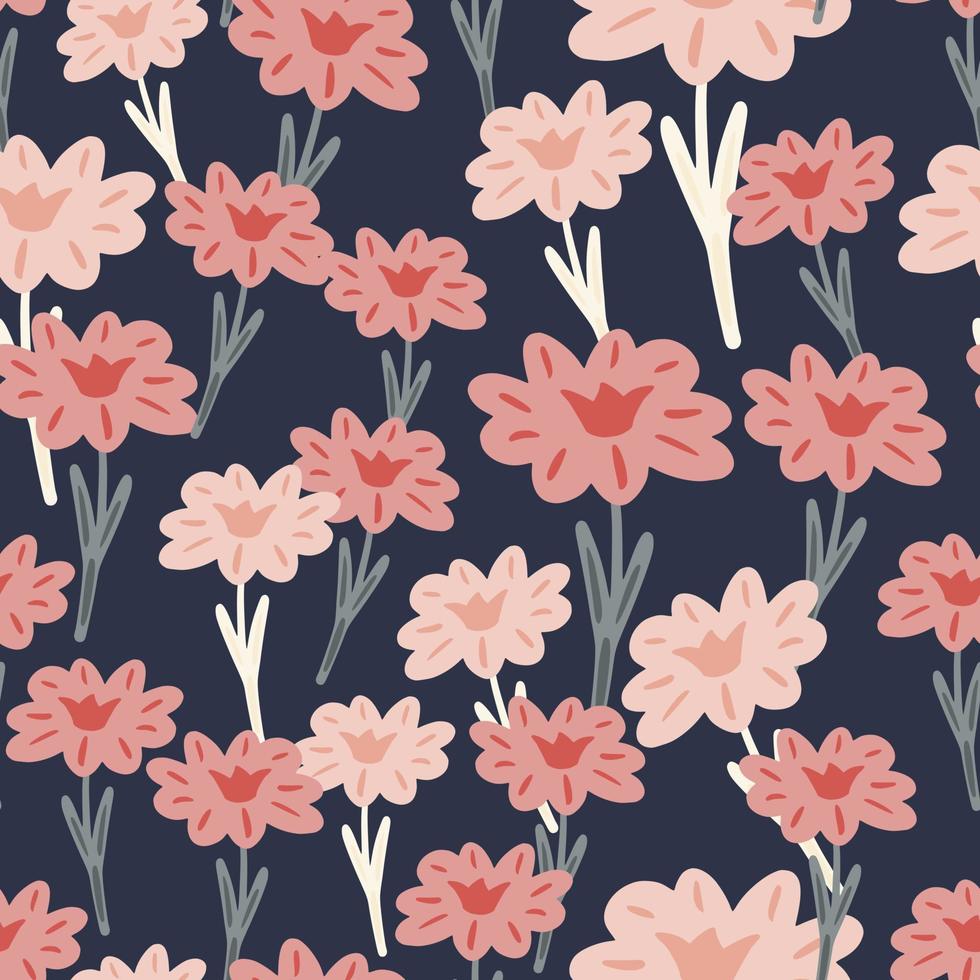 Seamless pattern with hand drawing wild flowers on dark gray background. Vector floral template in doodle style. Gentle summer botanical texture.