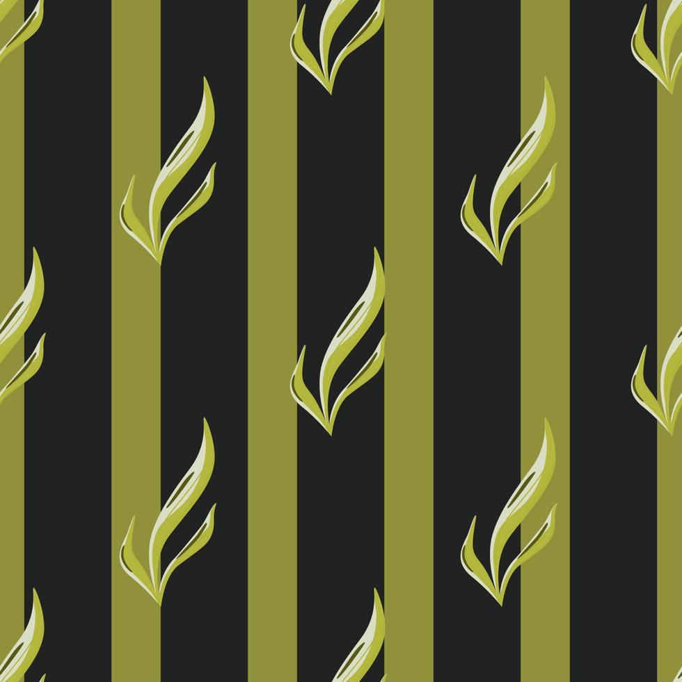 Seamless pattern seaweed on black green striped background. Marine flora templates for fabric. vector
