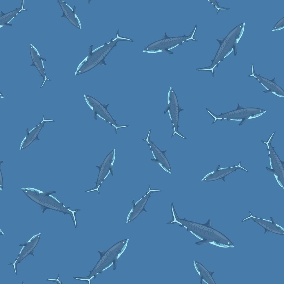 Seamless pattern Tiger shark blue background. Texture of marine fish for any purpose. vector
