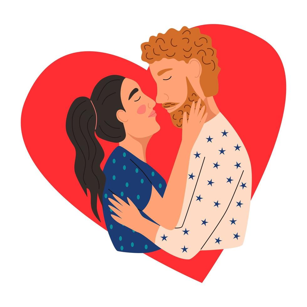 A couple kissing. Heart in the background. Flat vector illustration. Valentine's Day greeting card.