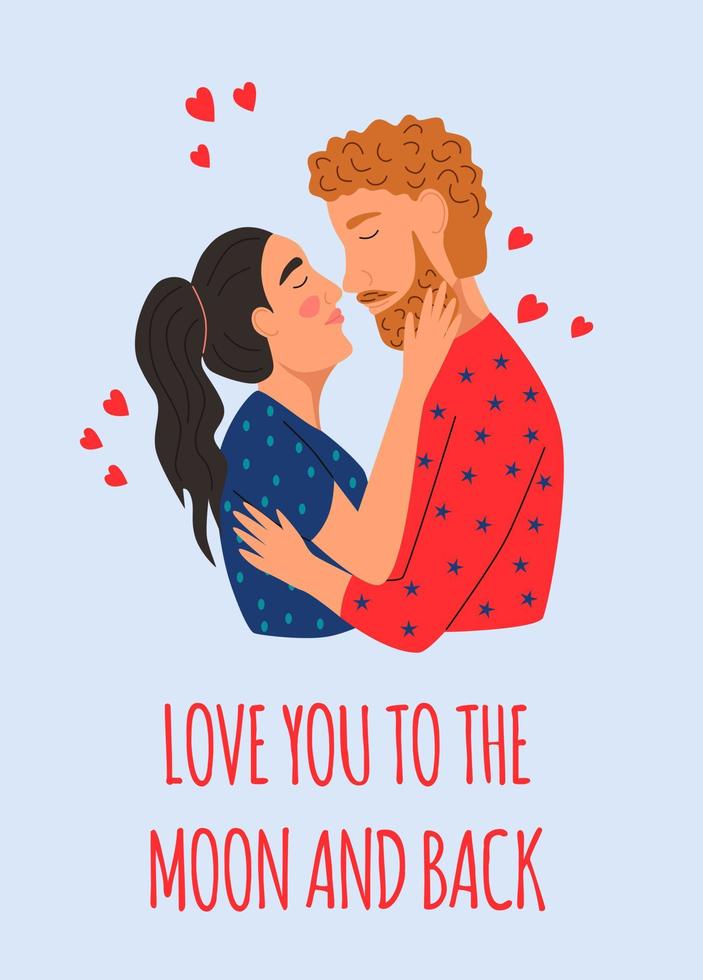 A Valentine's day card. A couple in love hugs. Flat vector illustration