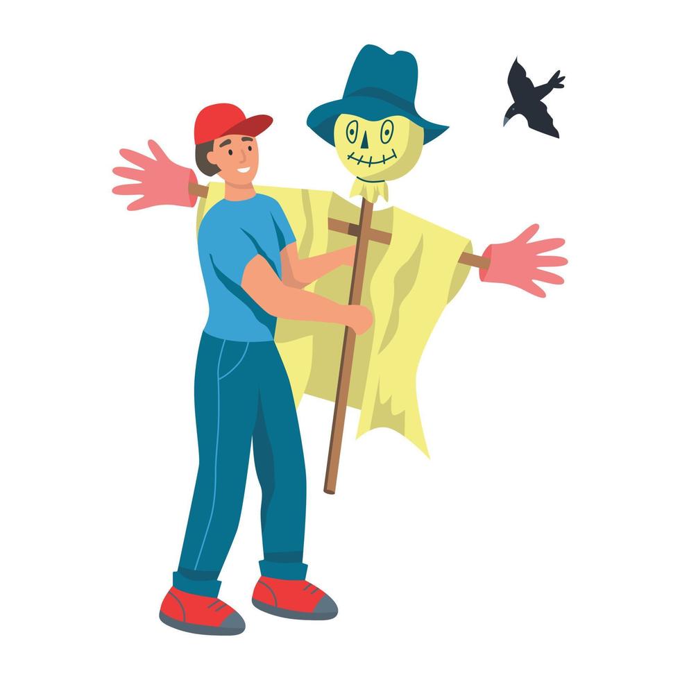 Gardening on the farm. A young man works in the garden, the farmer sets up a Scarecrow from birds. Flat cartoon vector illustration.