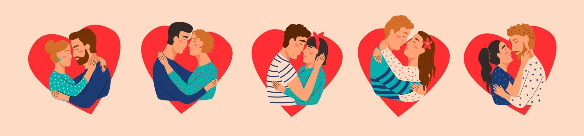 Character Set. Couple kissing. Heart in the background. Flat vector illustration. Valentine's Day greeting card.
