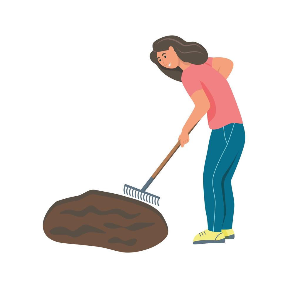 trabajo de jardineria una mujer joven está trabajando en el jardín, rastrillando el suelo. ilustración vectorial plana. vector