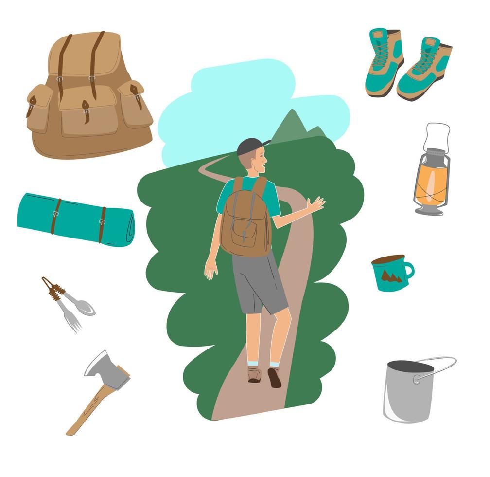 Hiking man. Collection of summer vacation trip, hiking and backpacking. Hiker with a backpack walks along the trail. Backpack, sleeping robe, axe, hiker boots, bowler, flashlight. vector