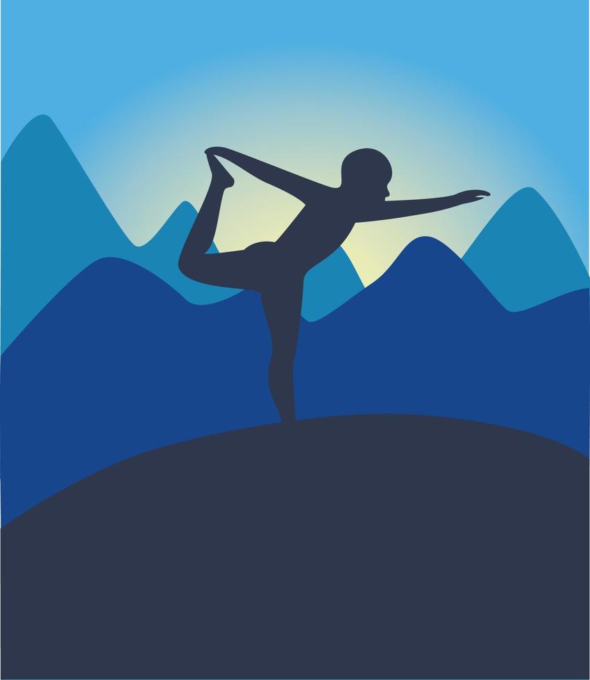 Yoga at sunrise with mountains in the background. Natarajasana asana. Silhouette of a person practicing yoga. International Yoga Day on 21st June. Vector illustration
