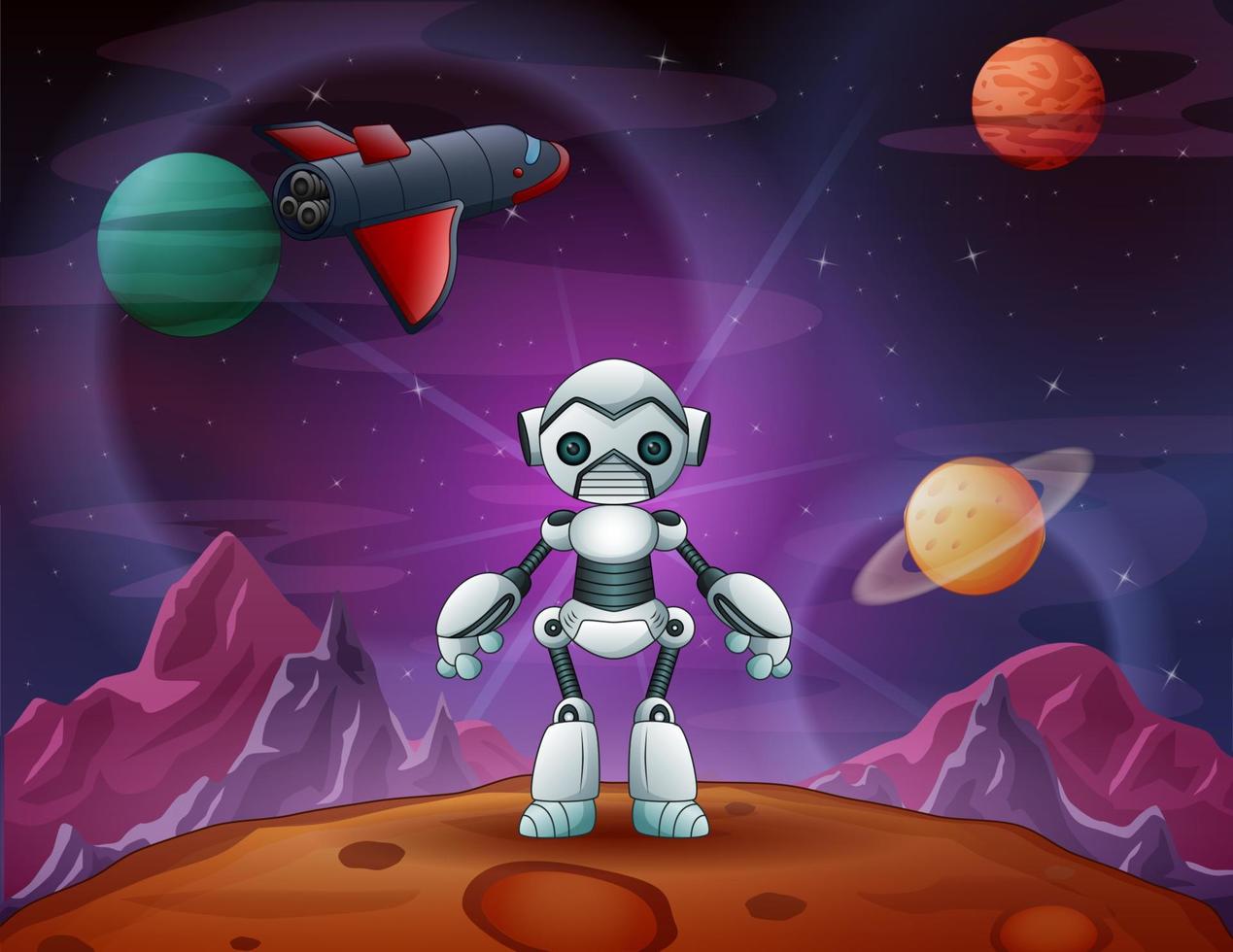 Robot cartoon in outer space with a plane vector
