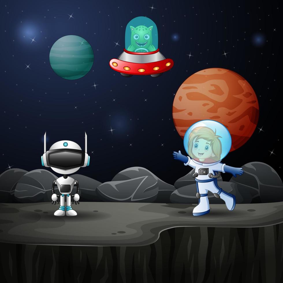 Astronaut girl and robot in the space vector