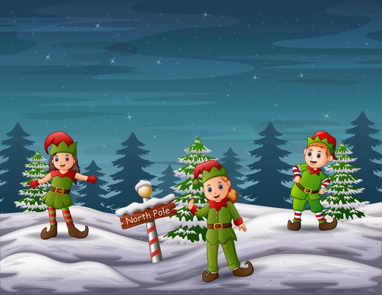 tres elfos de pie con un cartel del polo norte vector