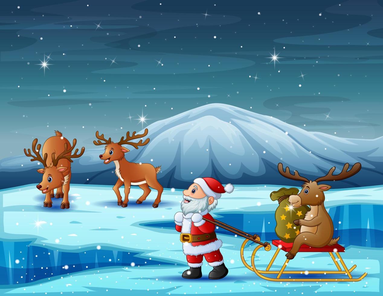Santa claus with many deer walking on iceberg vector