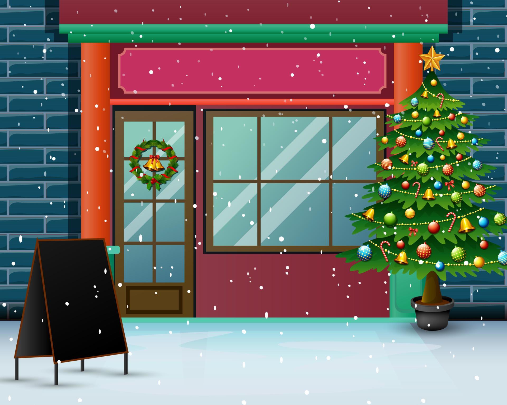 Christmas tree in front the store with snowfall 5708507 Vector Art at