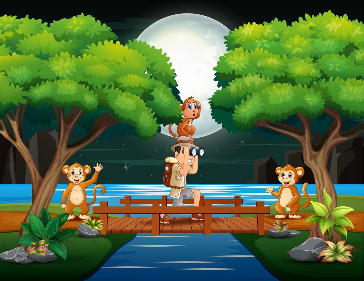 Men explore with monkeys in the forest vector