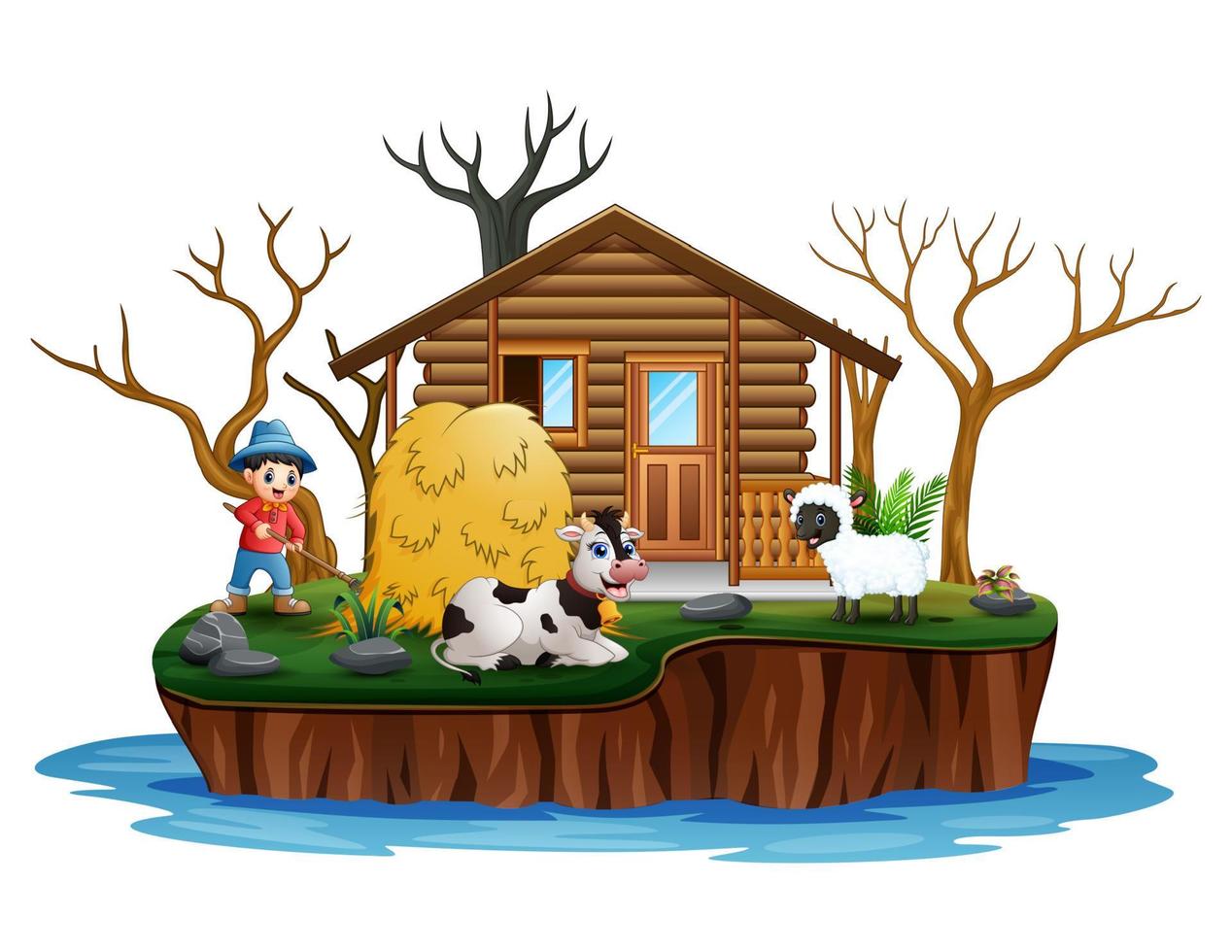 Young farmer working with animals on island vector
