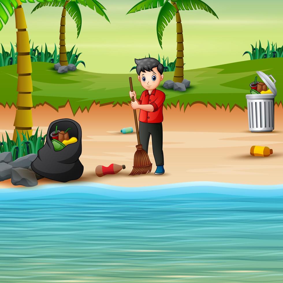 Volunteer man cleaning trash on the beach vector
